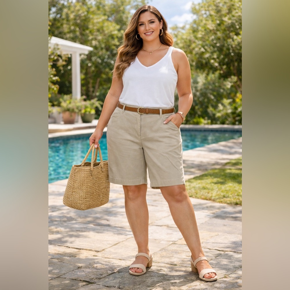 Lane Bryant The Allie Bermuda Shorts Size 26 Beige Stretch Mid Rise